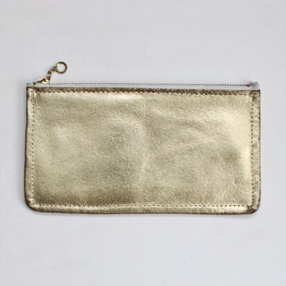 Vintage Handbags - Vintage 70s/80s Gold Metallic Leather Slim Makeup Clutch Bag Wallet